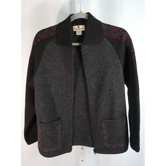 Women's XS Woolrich Embroidered Grey Collared Wool‎ Zippered Sweater Jacket - Picture 8 of 10